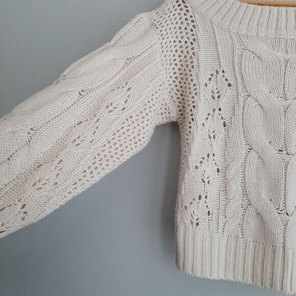 CLOTH by RD Cable Knit Scoop Neck Pullover Knit Sweater Puff Sleeve White Sz XS - Picture 7 of 16